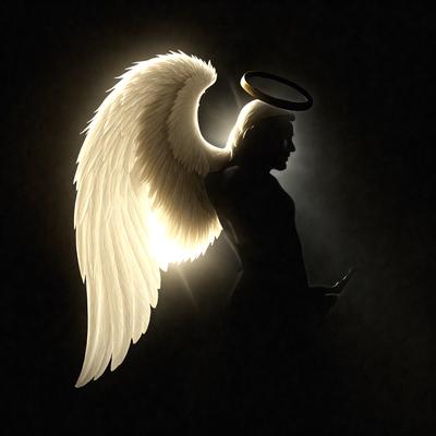 The primary subject of the image is a person, possibly a man, with a halo and wings. The person is standing in a dark room, possibly a night scene. The visual style of the image is a combination of photo and digital art, creating a unique and artistic representation of the person. The colors and mood of the image are predominantly dark, with the person's halo and wings being the main source of light and contrast.